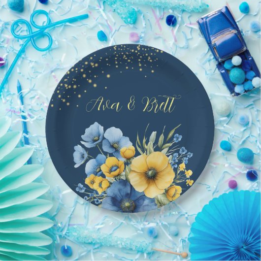 ネイビーブルーとイエロー花模様金ゴールド結婚グリッター ペーパープレート (パーティー)
