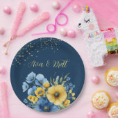 ネイビーブルーとイエロー花模様金ゴールド結婚グリッター ペーパープレート (パーティー)