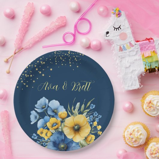 ネイビーブルーとイエロー花模様金ゴールド結婚グリッター ペーパープレート (パーティー)