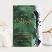 ネイビーブルーとエメラルドウォーターカラーバースデーパーティー 招待状