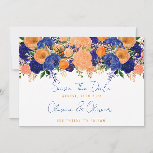 ネイビーブルーとオレンジのフローラ保存日 招待状 (正面)
