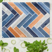 ネイビーブルーとオレンジのヘリンボーンパターン キッチンタオル (折り畳み)