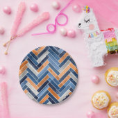 ネイビーブルーとオレンジのヘリンボーンパターン ペーパープレート (パーティー)