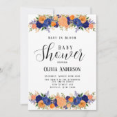 ネイビーブルーとオレンジのベビーイン開花ベビーシャワー 招待状 (正面)