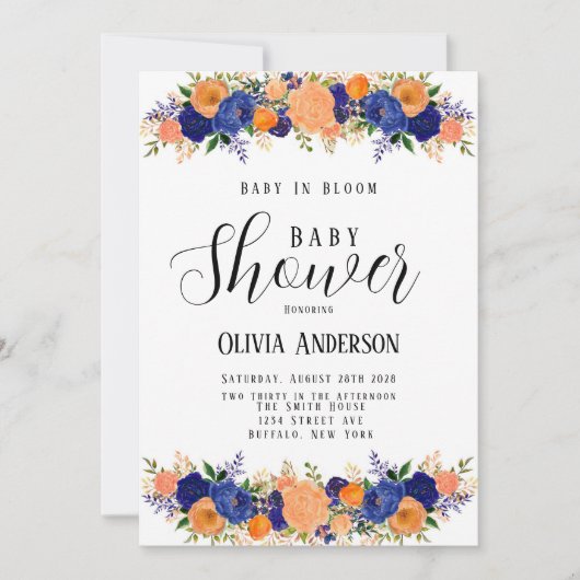 ネイビーブルーとオレンジのベビーイン開花ベビーシャワー 招待状 (正面)