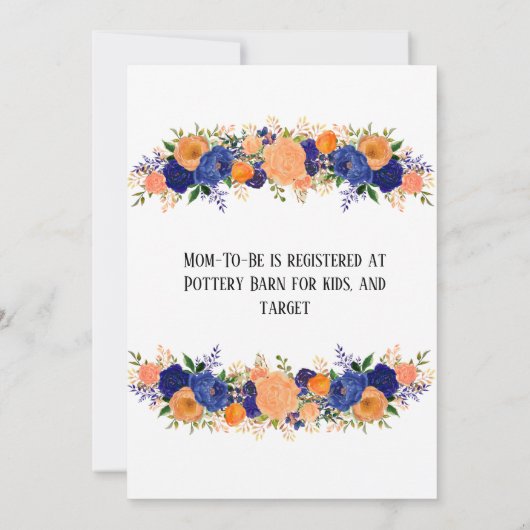 ネイビーブルーとオレンジのベビーイン開花ベビーシャワー 招待状 (裏面)