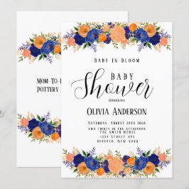 ネイビーブルーとオレンジのベビーイン開花ベビーシャワー 招待状