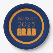 ネイビーブルーとオレンジの学校のカラー卒業 ペーパープレート (正面)