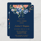 ネイビーブルーとオレンジの牡丹カップルのシャワー 招待状 (正面/裏面)