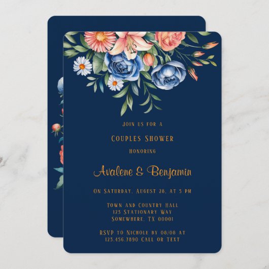 ネイビーブルーとオレンジの牡丹カップルのシャワー 招待状 (正面/裏面)