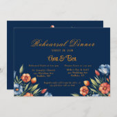 ネイビーブルーとオレンジの牡丹リハーサルディナー 招待状 (正面/裏面)