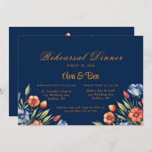 ネイビーブルーとオレンジの牡丹リハーサルディナー 招待状 (正面/裏面)