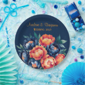 ネイビーブルーとオレンジの牡丹結婚の花 ペーパープレート (パーティー)