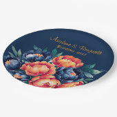 ネイビーブルーとオレンジの牡丹結婚の花 ペーパープレート (アングル)