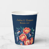 ネイビーブルーとオレンジの牡丹結婚の花 紙コップ (裏面)