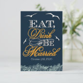 ネイビーブルーとオレンジの航海をテーマにした結婚式の出欠確認カード 出欠カード (スタンド正面)