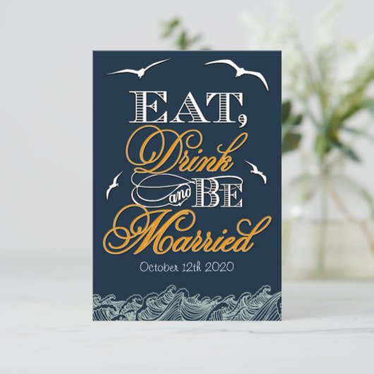 ネイビーブルーとオレンジの航海をテーマにした結婚式の出欠確認カード 出欠カード (スタンド正面)