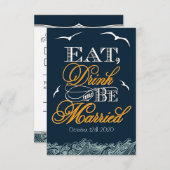 ネイビーブルーとオレンジの航海をテーマにした結婚式の出欠確認カード 出欠カード (正面/裏面)