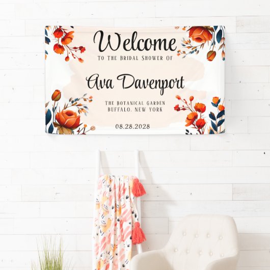 ネイビーブルーとオレンジの芍薬 ブライダルシャワー 横断幕 (インサイチュ)