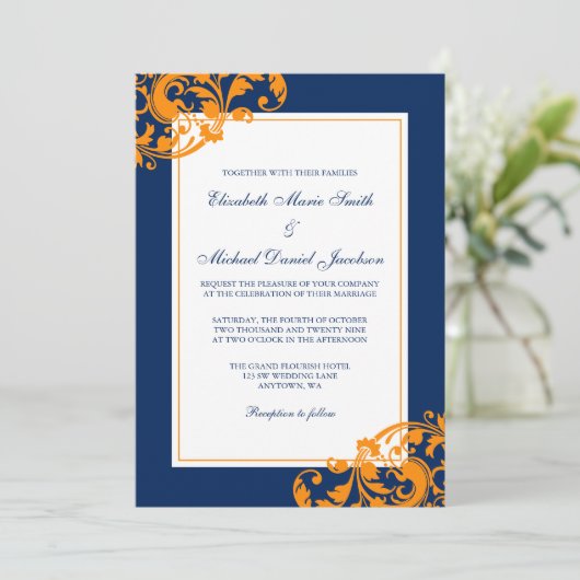 ネイビーブルーとオレンジの花模様の渦巻結婚き旋回 招待状 (スタンド正面)