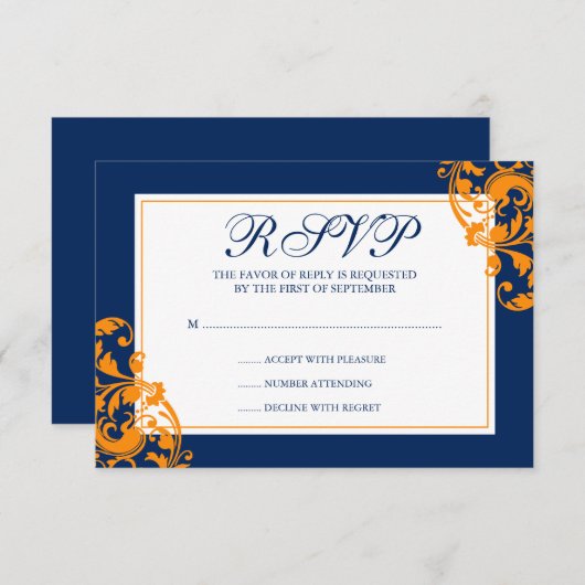 ネイビーブルーとオレンジの華やかな渦巻き旋回ウェディングRSVP 出欠カード (正面/裏面)