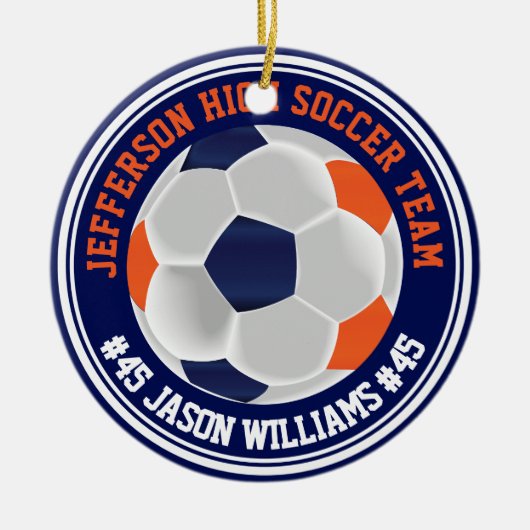 ネイビーブルーとオレンジサッカー⚽ セラミックオーナメント (正面)