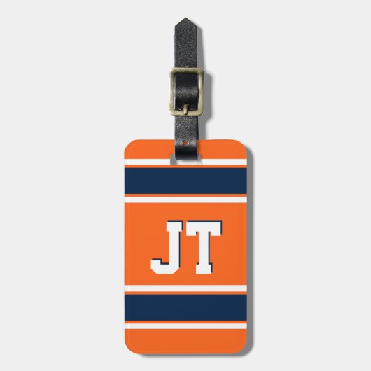 ネイビーブルーとオレンジスポーツストライプのパーソナライズされた ラゲッジタグ (正面縦)