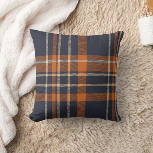 ネイビーブルーとオレンジプレイド クッション (ブランケット)