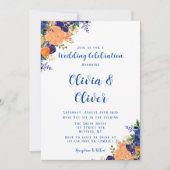 ネイビーブルーとオレンジボタニカル花模様結婚ズ 招待状 (正面)