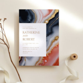 ネイビーブルーとオレンジモダンアゲ結婚ート 招待状