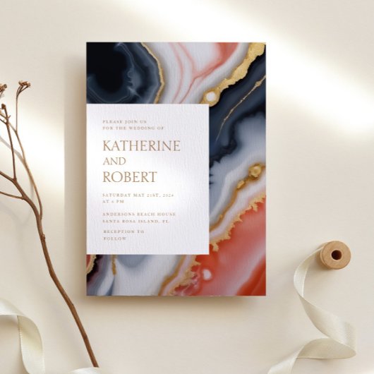 ネイビーブルーとオレンジモダンアゲ結婚ート 招待状