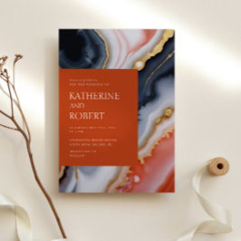 ネイビーブルーとオレンジモダンアゲ結婚ート 招待状