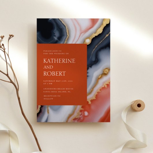 ネイビーブルーとオレンジモダンアゲ結婚ート 招待状