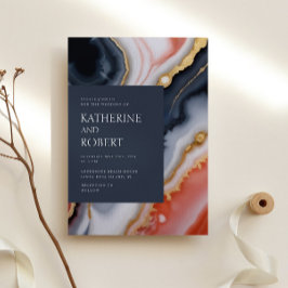 ネイビーブルーとオレンジモダンアゲ結婚ート 招待状