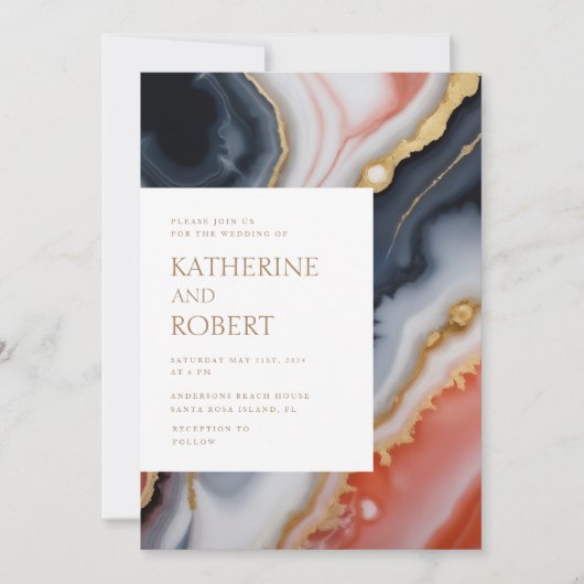 ネイビーブルーとオレンジモダンアゲ結婚ート 招待状 (正面)