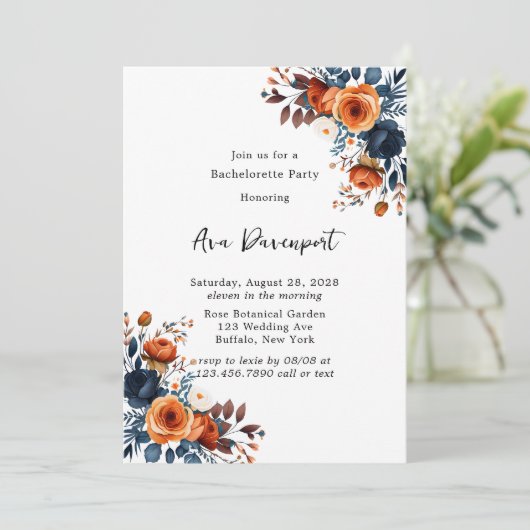 ネイビーブルーとオレンジ牡丹バチェロレッテ 招待状 (スタンド正面)