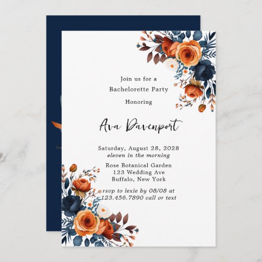 ネイビーブルーとオレンジ牡丹バチェロレッテ 招待状 (正面/裏面)