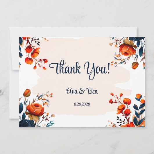 ネイビーブルーとオレンジ結婚のサンキューカード 招待状 (正面)