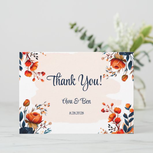 ネイビーブルーとオレンジ結婚のサンキューカード 招待状 (スタンド正面)