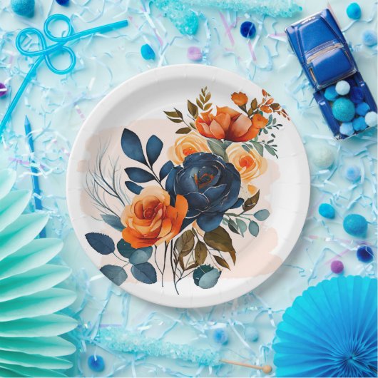 ネイビーブルーとオレンジ結婚牡丹 ペーパープレート (パーティー)