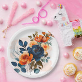 ネイビーブルーとオレンジ結婚牡丹 ペーパープレート (パーティー)