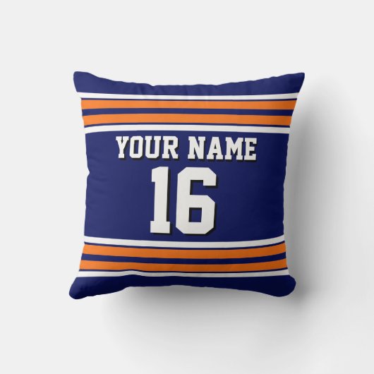 ネイビーブルーとオレンジ色のホワイトストライプチームジャージー クッション (裏面)