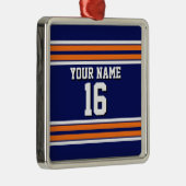 ネイビーブルーとオレンジ色のホワイトストライプチームジャージー メタルオーナメント (右)