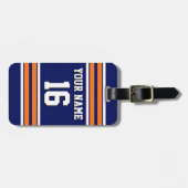ネイビーブルーとオレンジ色のホワイトストライプチームジャージー ラゲッジタグ (正面横)