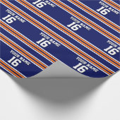 ネイビーブルーとオレンジ色のホワイトストライプチームジャージー ラッピングペーパー (角)