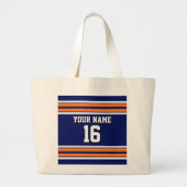 ネイビーブルーとオレンジ色のホワイトストライプチームジャージー ラージトートバッグ (正面)