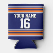 ネイビーブルーとオレンジ色のホワイトストライプチームジャージー 缶クーラー (正面)