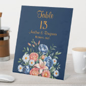 ネイビーブルーとオレンジ色の牡丹の花のテーブル番号 台座サイン (インサイチュ)