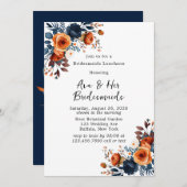 ネイビーブルーとオレンジ色の牡丹の花嫁の昼食会 招待状 (正面/裏面)