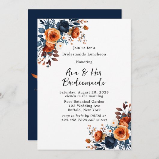 ネイビーブルーとオレンジ色の牡丹の花嫁の昼食会 招待状 (正面/裏面)